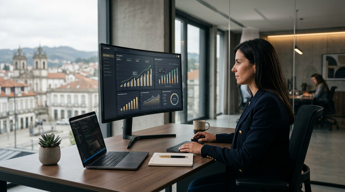 A modern, high-tech office setting in Braga, Portugal, showing a professional dashboard with sales growth charts on a sleek computer monitor, minimalist aesthetic, professional lighting, 4k.