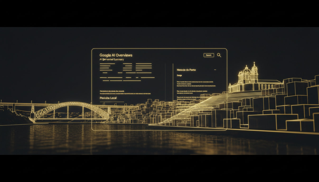 A futuristic, minimalist representation of a search engine interface with an AI-generated summary prominently displayed, overlaid with subtle elements of Braga and Porto cityscapes (e.g., a bridge, a historic building), in a digital, glowing style, reflecting innovation and local relevance.