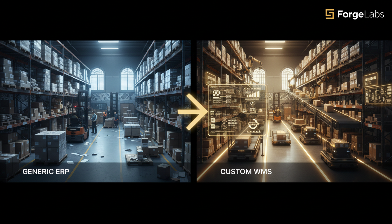 An infographic comparing a complex, cluttered warehouse managed by a generic ERP with a streamlined, automated warehouse managed by a custom WMS, highlighting efficiency, cost savings, and real-time data. The setting should be a modern industrial warehouse in Portugal, with subtle Portuguese architectural elements or branding. Focus on a clear visual distinction between chaos and order.