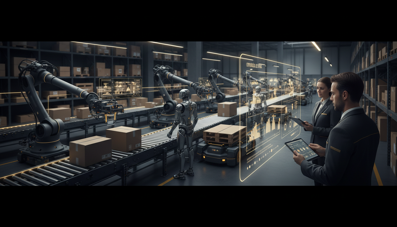 A modern, high-tech warehouse in Portugal with automated systems, robots, and workers using handheld devices, illustrating efficiency and precision. The scene should convey a sense of advanced logistics and data flow, with a focus on optimization and technology.