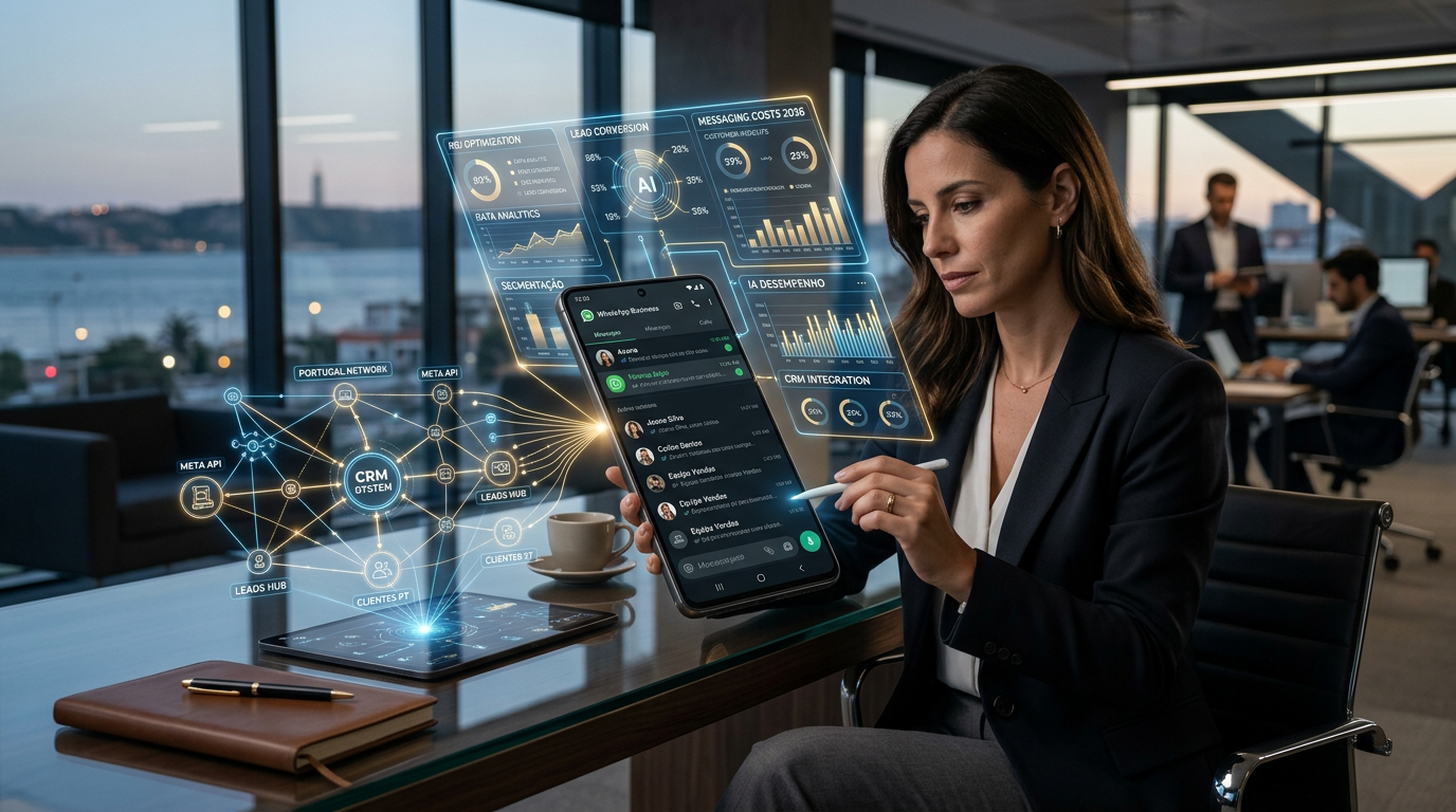 A high-tech, professional visualization of a smartphone displaying a WhatsApp interface with holographic AI data overlays, connected to a CRM network map, representing efficiency and digital transformation for Portuguese businesses, clean corporate style, 8k resolution.