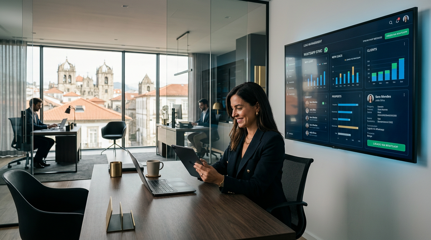A professional real estate office in Braga, Portugal, showing a digital dashboard on a large screen synchronizing WhatsApp messages with a CRM database. A real estate broker is smiling while looking at a tablet. High-tech, clean, professional lighting, 4k.