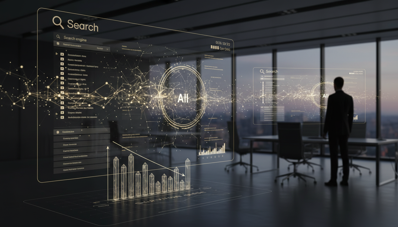A professional, futuristic digital landscape representing a search engine interface evolving with AI nodes, set against a subtle background of a modern office in Braga, Portugal, high-tech, clean, professional, 8k resolution.