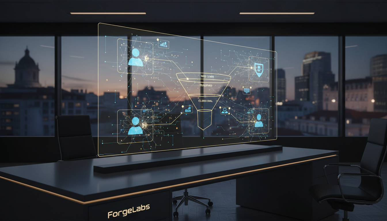 A modern, high-tech office environment in Portugal with a digital dashboard showing a sales funnel. Transparent holographic interfaces represent AI agents interacting with CRM icons like HubSpot and Salesforce. Professional and corporate atmosphere, 4k, clean design.
