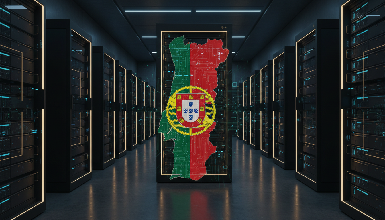 A futuristic, secure data center with glowing servers, representing cloud infrastructure, with a subtle Portuguese flag element or a map of Portugal superimposed, emphasizing data sovereignty and advanced technology. The image should convey resilience and control, with a clean, professional aesthetic.