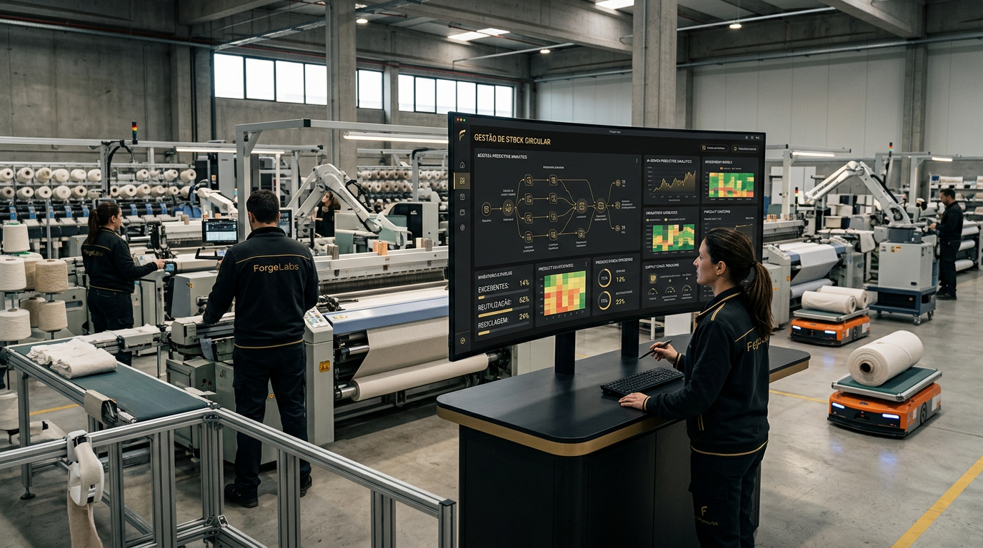 A modern, high-tech textile factory in northern Portugal, featuring automated production lines and digital screens showing real-time inventory data and AI analytics. The atmosphere is professional and innovative, blending traditional textile machinery with futuristic software interfaces.