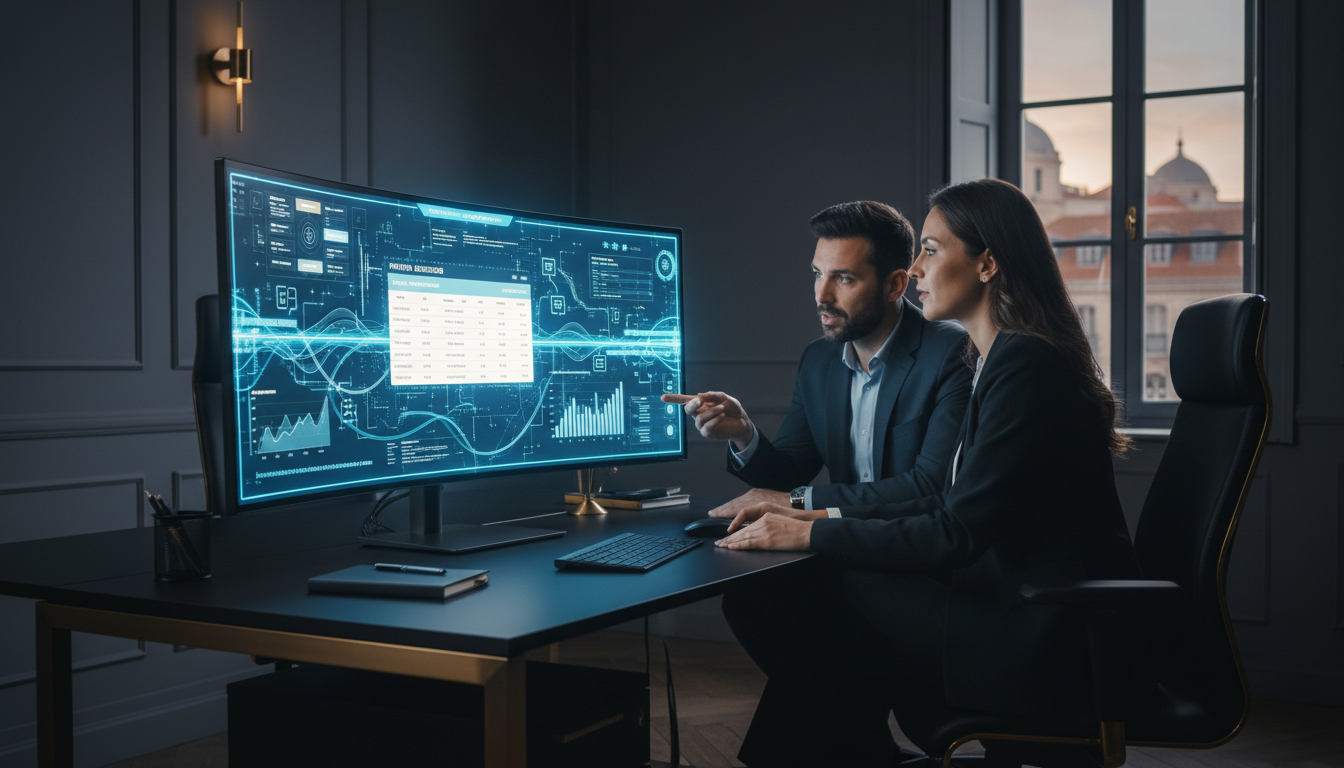 A high-tech, professional office setting in Portugal, showing a clean digital interface of a financial dashboard with AI data visualization, glowing blue and white tones, representing precision and automated invoicing, cinematic lighting, 8k.