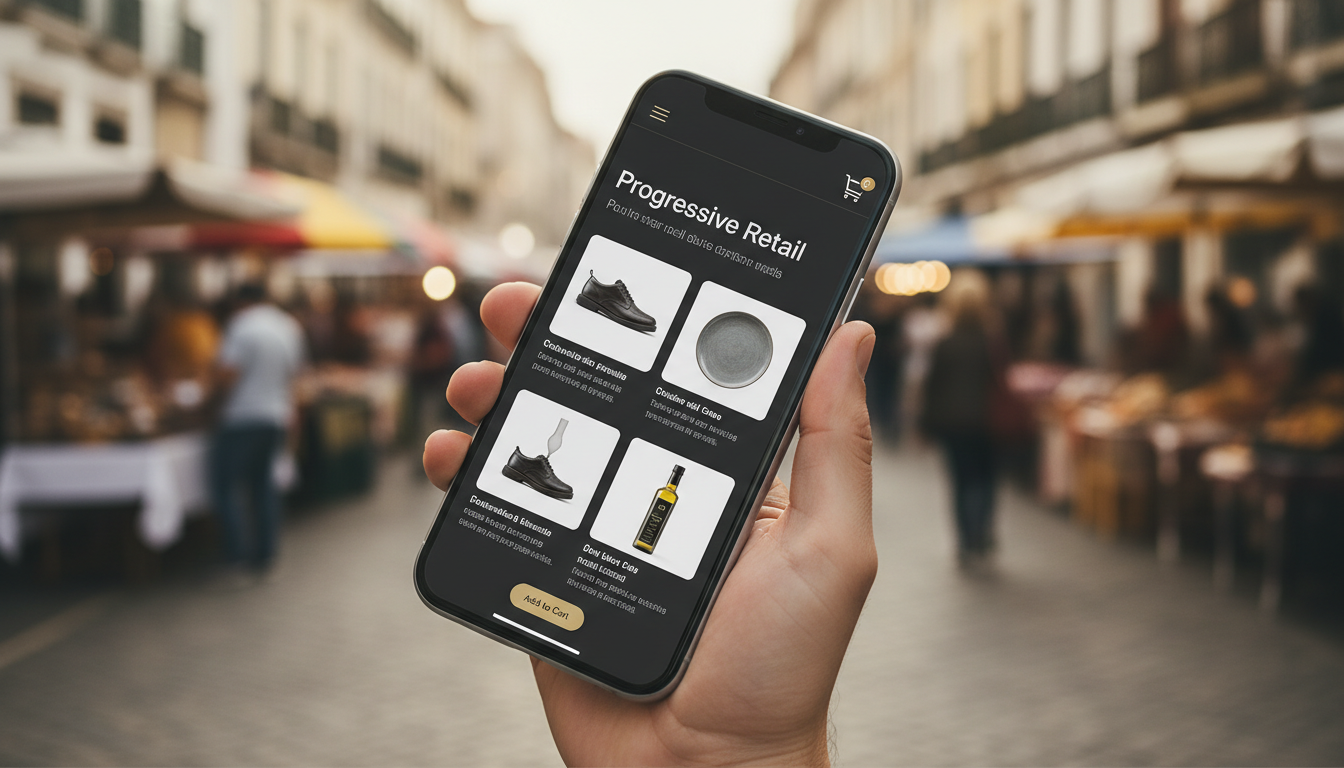 A modern, sleek smartphone displaying a retail PWA interface, with a shopping cart icon and product listings. The background features a blurred image of a bustling Portuguese street market or a modern retail store, symbolizing the local context. The design should be clean and professional, emphasizing speed and user experience.