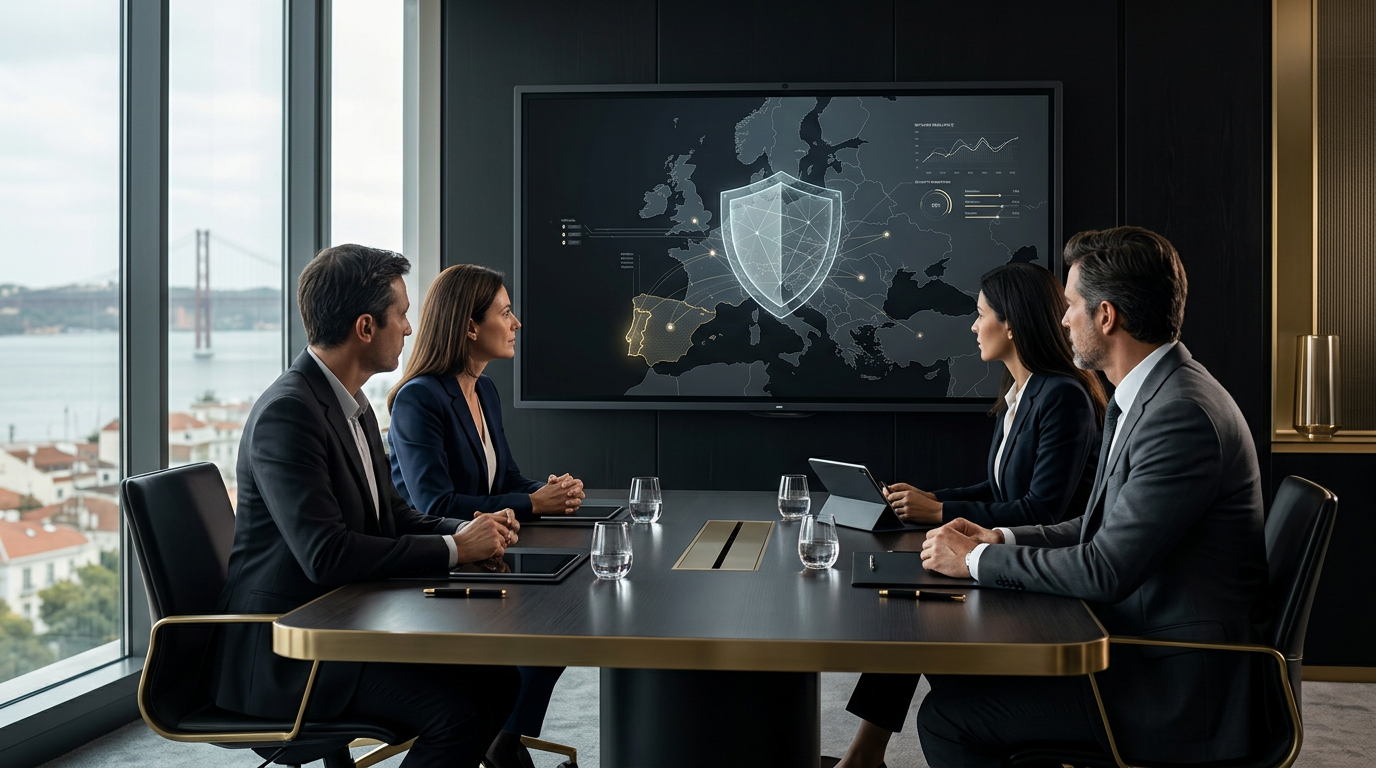 A professional, high-tech boardroom setting in Portugal, showing a digital shield overlay on a map of Europe, representing cybersecurity governance and corporate responsibility, minimalist and corporate style.