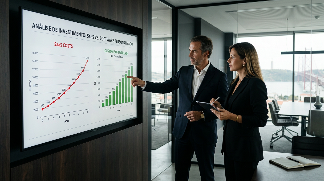 A high-quality professional office setting in Portugal, a CFO and a CEO looking at a financial dashboard on a large screen showing a comparison graph between SaaS costs and Custom Software ROI, minimalist and modern aesthetic, corporate style, soft natural lighting.
