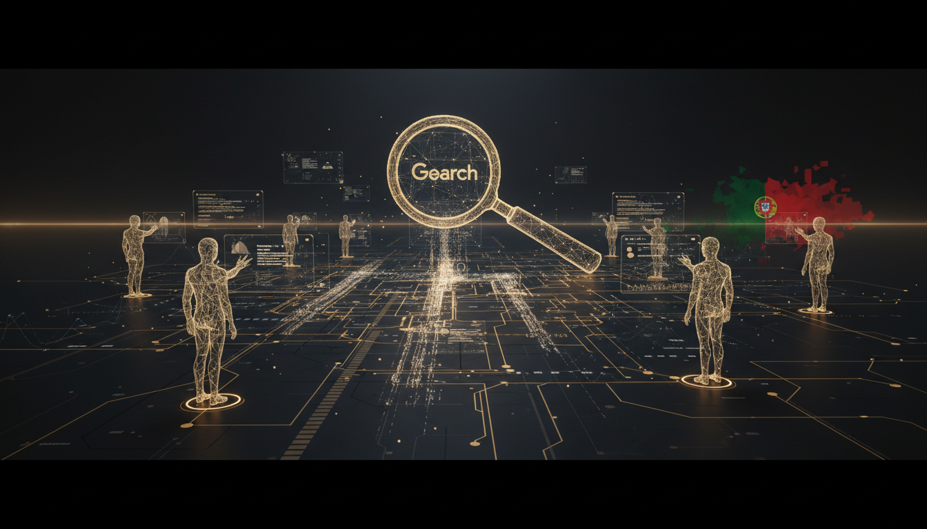 A futuristic digital landscape with AI agents working on content, a magnifying glass representing Google Search, and data flowing, with a subtle Portuguese flag element. Focus on technology, search, and adaptation.