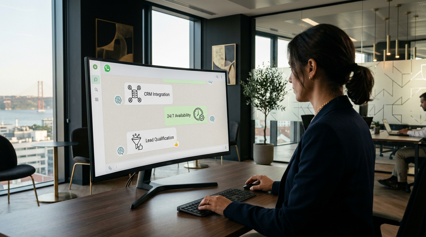A professional and modern office setting in Portugal, showing a digital interface of a WhatsApp conversation managed by an AI agent, with icons representing CRM integration, 24/7 availability, and lead qualification, clean corporate style, high tech, Portuguese business environment.