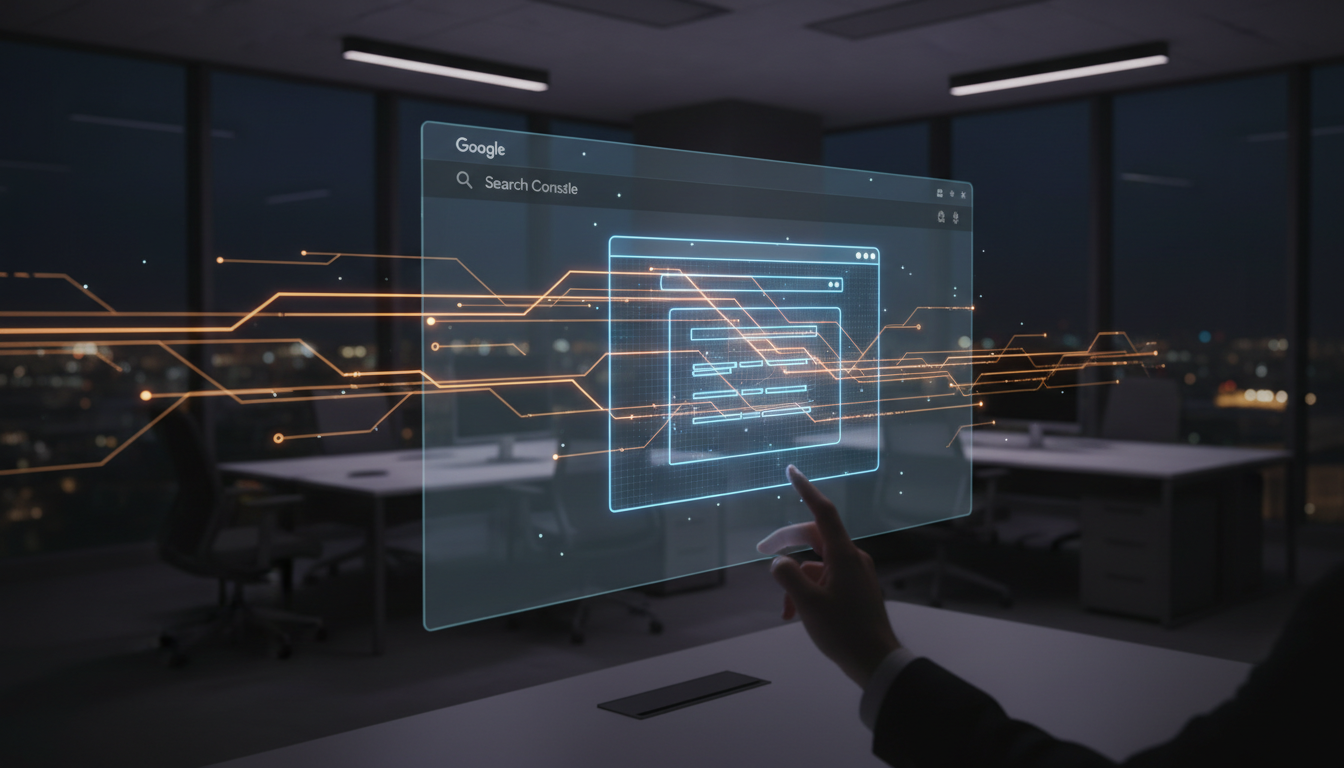 A futuristic digital interface showing a Google Search Console dashboard with holographic data streams representing AI agents crawling a website, professional office setting in Braga, Portugal, high-tech aesthetic, cinematic lighting.
