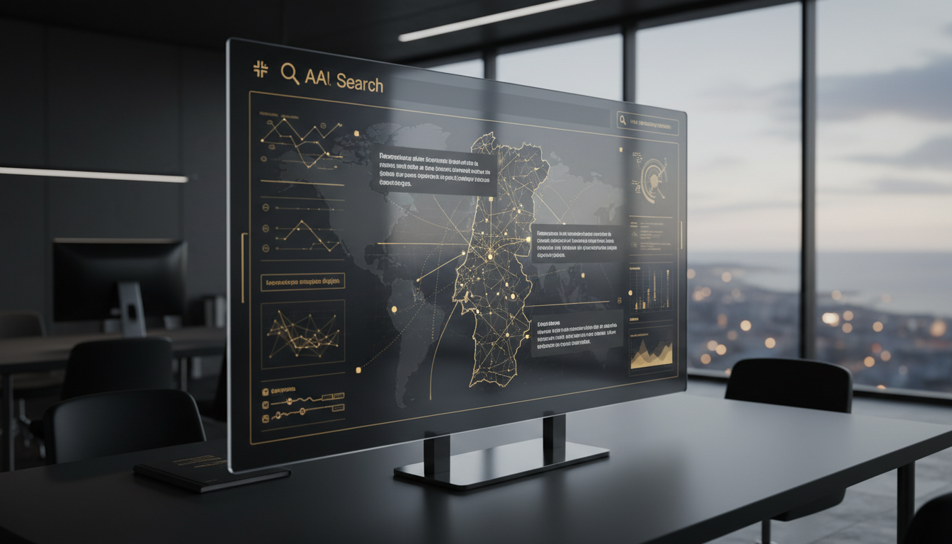 A futuristic search engine interface, with AI-generated summaries and conversational elements, overlaid with a map of Portugal, representing businesses adapting to new digital strategies. The image should convey innovation, technology, and strategic adaptation.