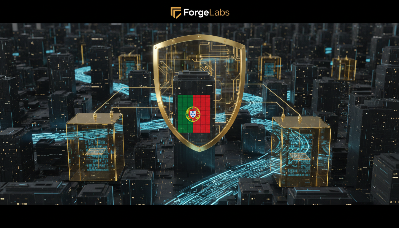 A futuristic digital cityscape with glowing data streams representing algorithmic advertising, overseen by a protective shield symbolizing EU AI Act regulations. A Portuguese flag subtly integrated into the architecture. Focus on transparency and compliance.