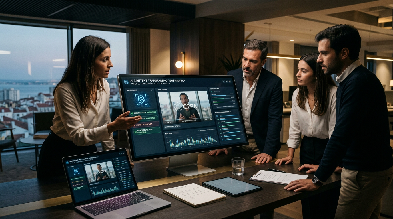 A professional digital workspace in Portugal showing a marketing team analyzing a high-tech dashboard with digital watermarking symbols and C2PA metadata tags on video content, clean corporate aesthetic, futuristic but realistic, soft lighting.
