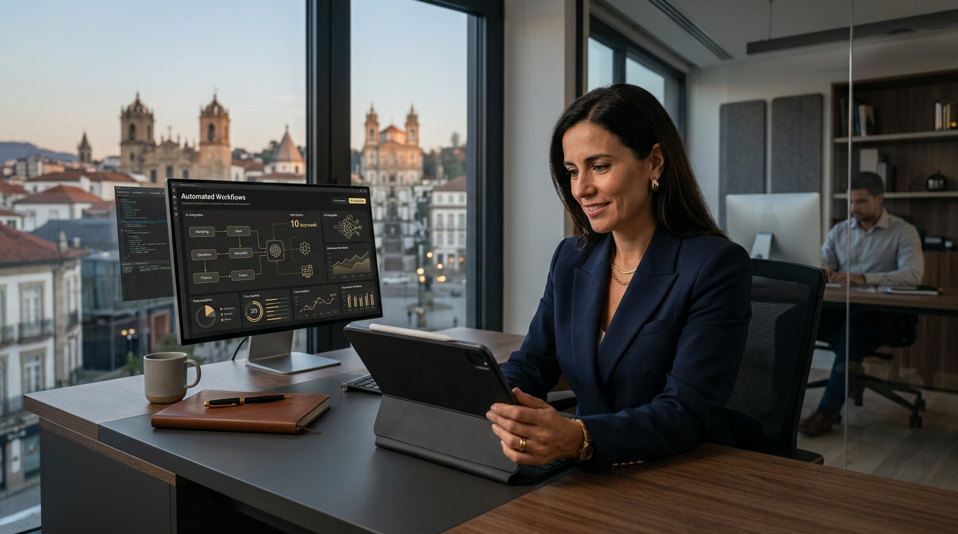 A modern office in Braga, Portugal, with a view of the city, showing a professional manager looking at a clean digital dashboard on a tablet where AI agents are organizing tasks, minimalist and high-tech atmosphere, professional photography.