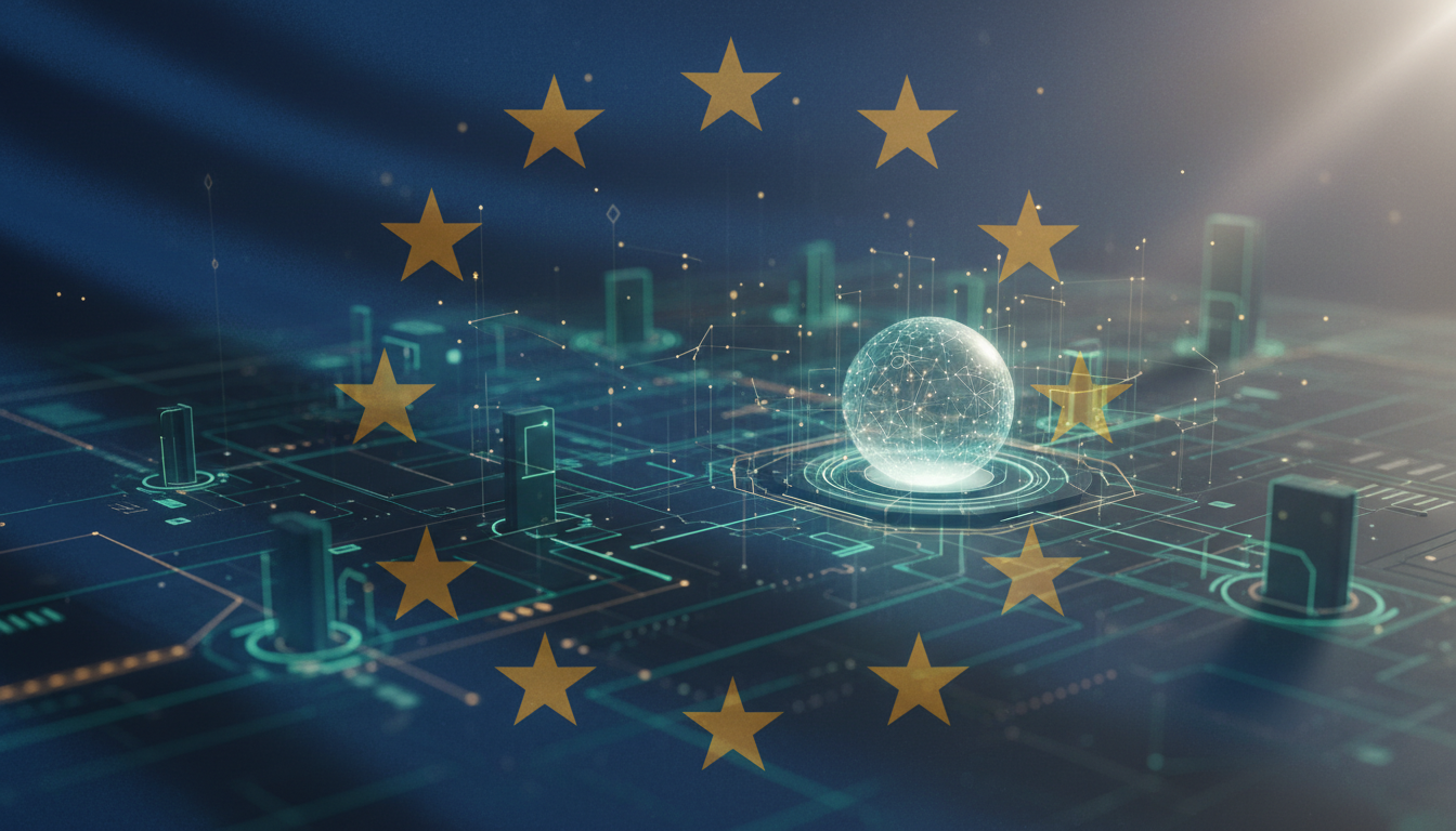 A stylized digital illustration of a complex network of data and AI algorithms, with a subtle overlay of the European Union flag. The image should convey themes of regulation, compliance, and strategic planning for businesses. Focus on a modern, clean aesthetic with a sense of urgency and foresight. Colors should be professional and trustworthy, perhaps blues and greens.