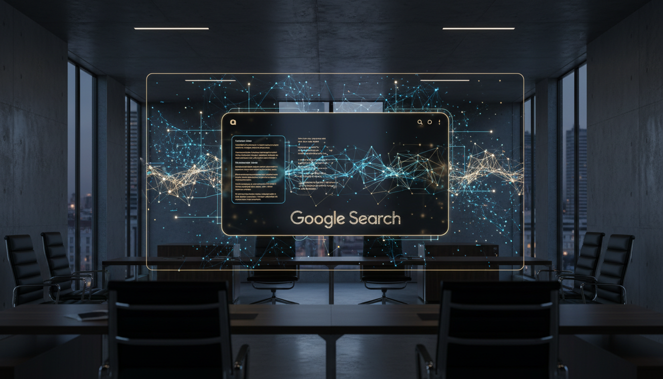 A high-tech, professional visualization of a digital landscape representing Google Search in 2026, featuring glowing neural networks, data streams, and a clean, minimalist interface showing AI-generated search results, set in a modern Portuguese corporate environment, cinematic lighting, 8k resolution.