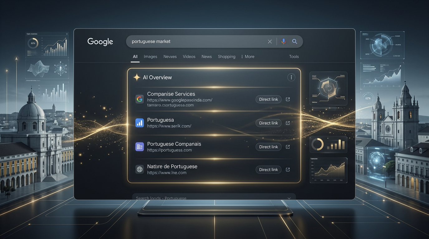 A futuristic digital landscape showing a Google Search interface in 2026, where an AI Overview box is highlighted with glowing citations and links to Portuguese companies, professional and high-tech aesthetic, clean UI design.