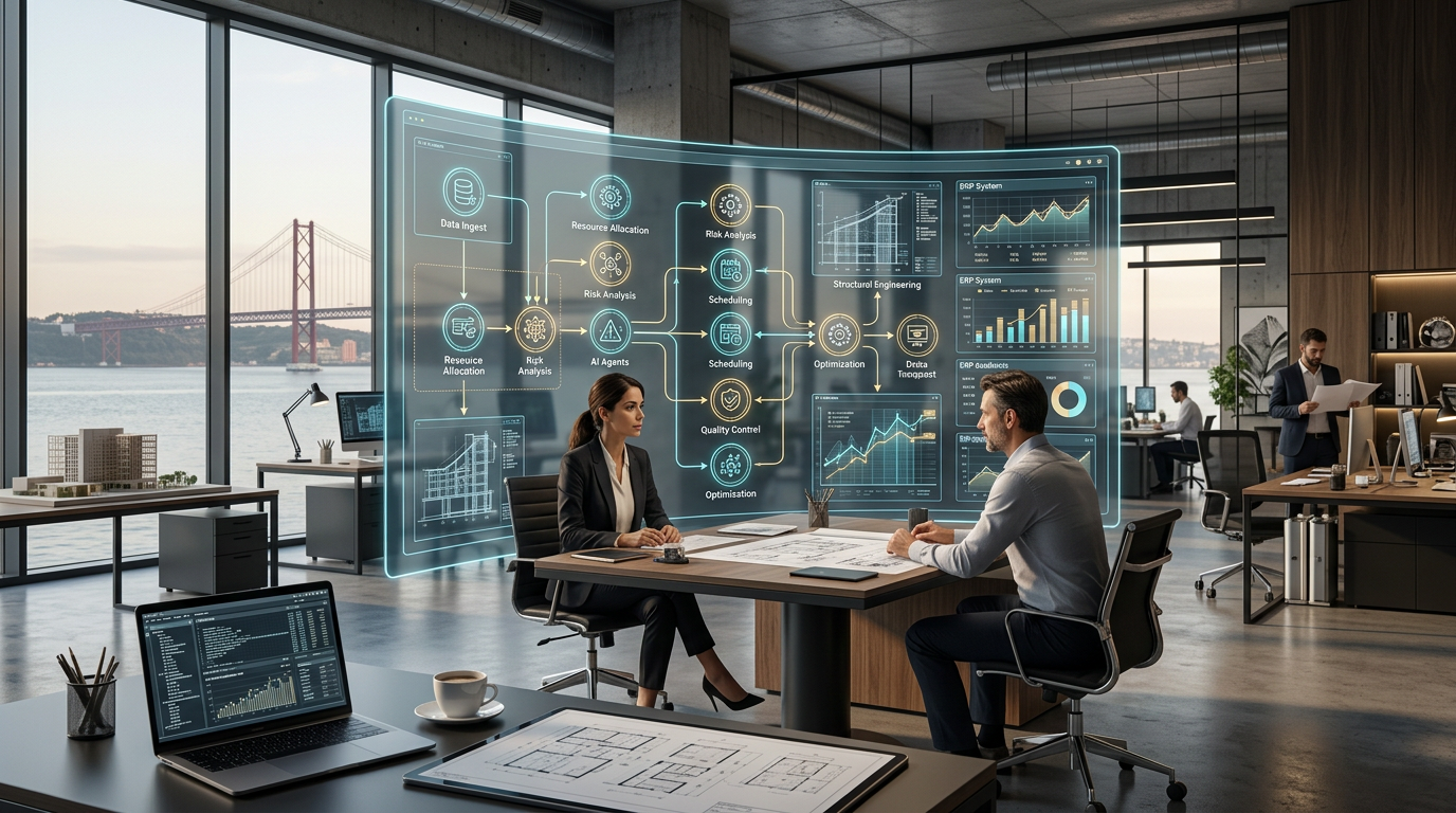 A professional 3D render of a futuristic engineering office in Portugal, showing a digital interface with complex flowcharts and AI agents interacting with architectural blueprints and ERP data, high-tech, clean, professional lighting.