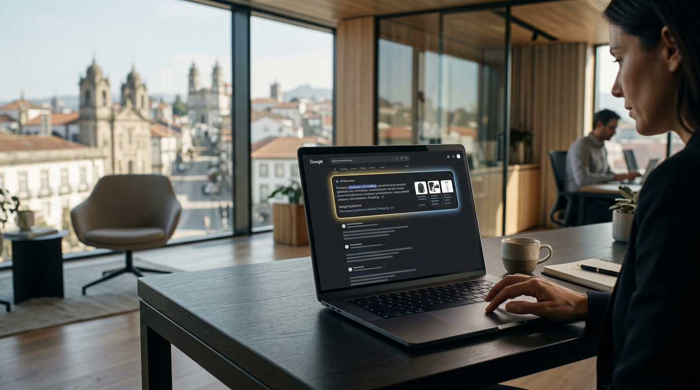 A high-tech, clean visualization of a Google search results page on a laptop screen, where a glowing AI-generated summary box is highlighted. In the background, a modern office in Braga, Portugal, with a minimalist aesthetic. 4k, professional photography style.