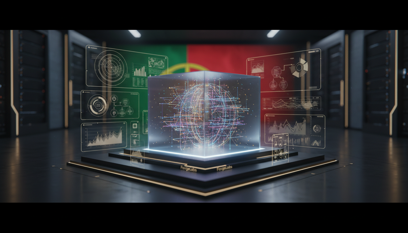 A futuristic, ethical AI system processing diverse customer data, with a Portuguese flag subtly integrated into the background, symbolizing compliance and innovation. The image should convey trust, security, and advanced technology, with a focus on data governance and regulatory adherence. Soft, professional lighting.