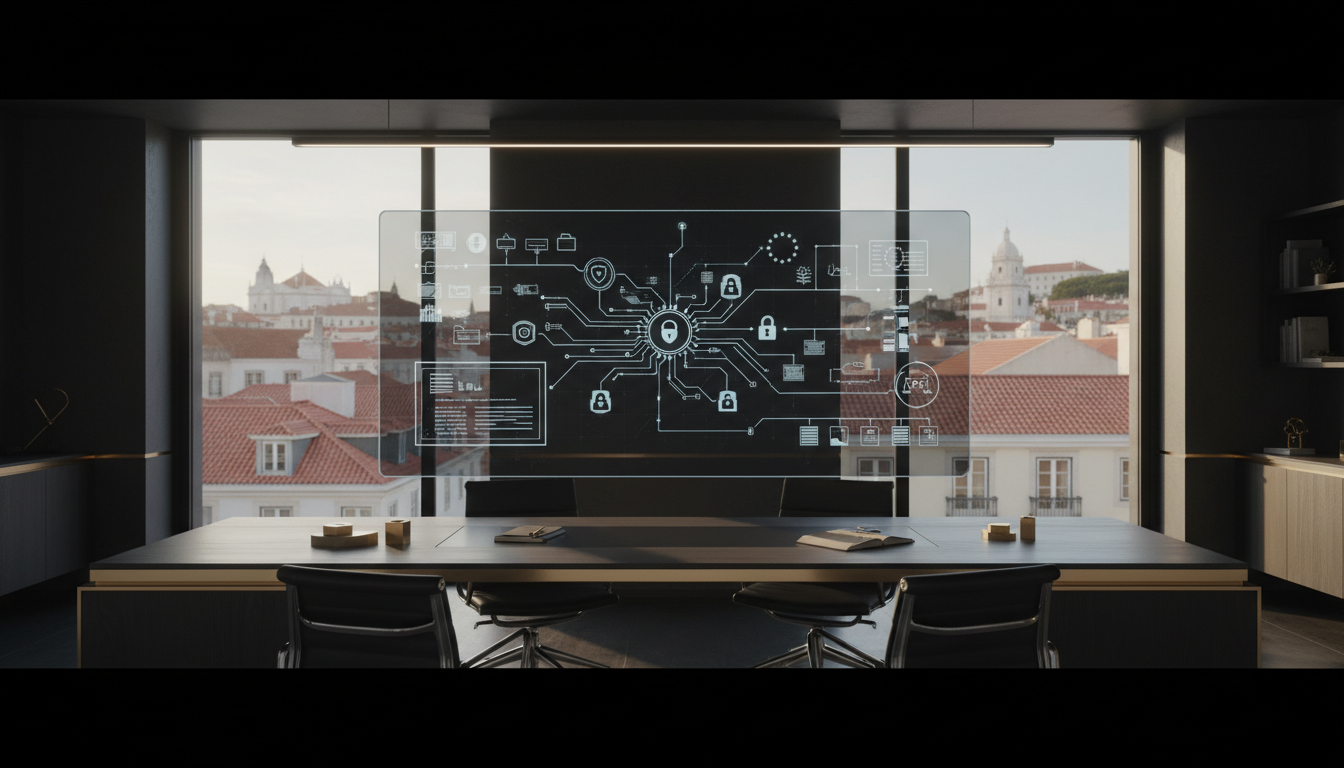 A modern, clean office setting in Portugal with a digital screen displaying a transparent algorithmic flowchart, data privacy icons, and European Union compliance symbols, professional and high-tech aesthetic