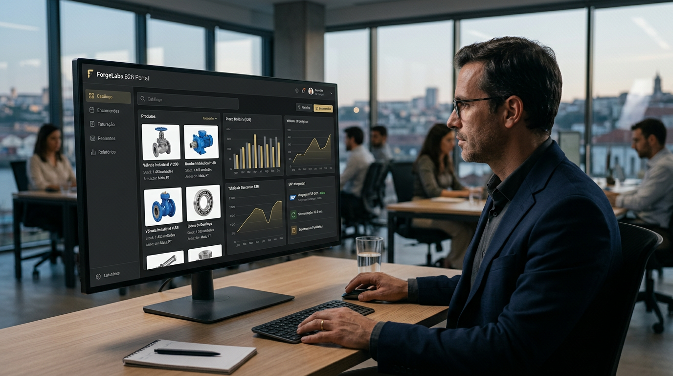 A high-tech, professional digital dashboard of a B2B client portal showing industrial product inventory, pricing charts, and ERP integration icons. The aesthetic is clean, corporate, and modern, with a focus on efficiency and Portuguese industrial context. 4k, cinematic lighting.