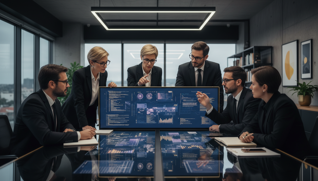 A modern, clean office environment with a diverse team collaborating around a large screen displaying complex data visualizations, symbolizing technological innovation and strategic decision-making. A subtle glow of digital elements suggests advanced software.