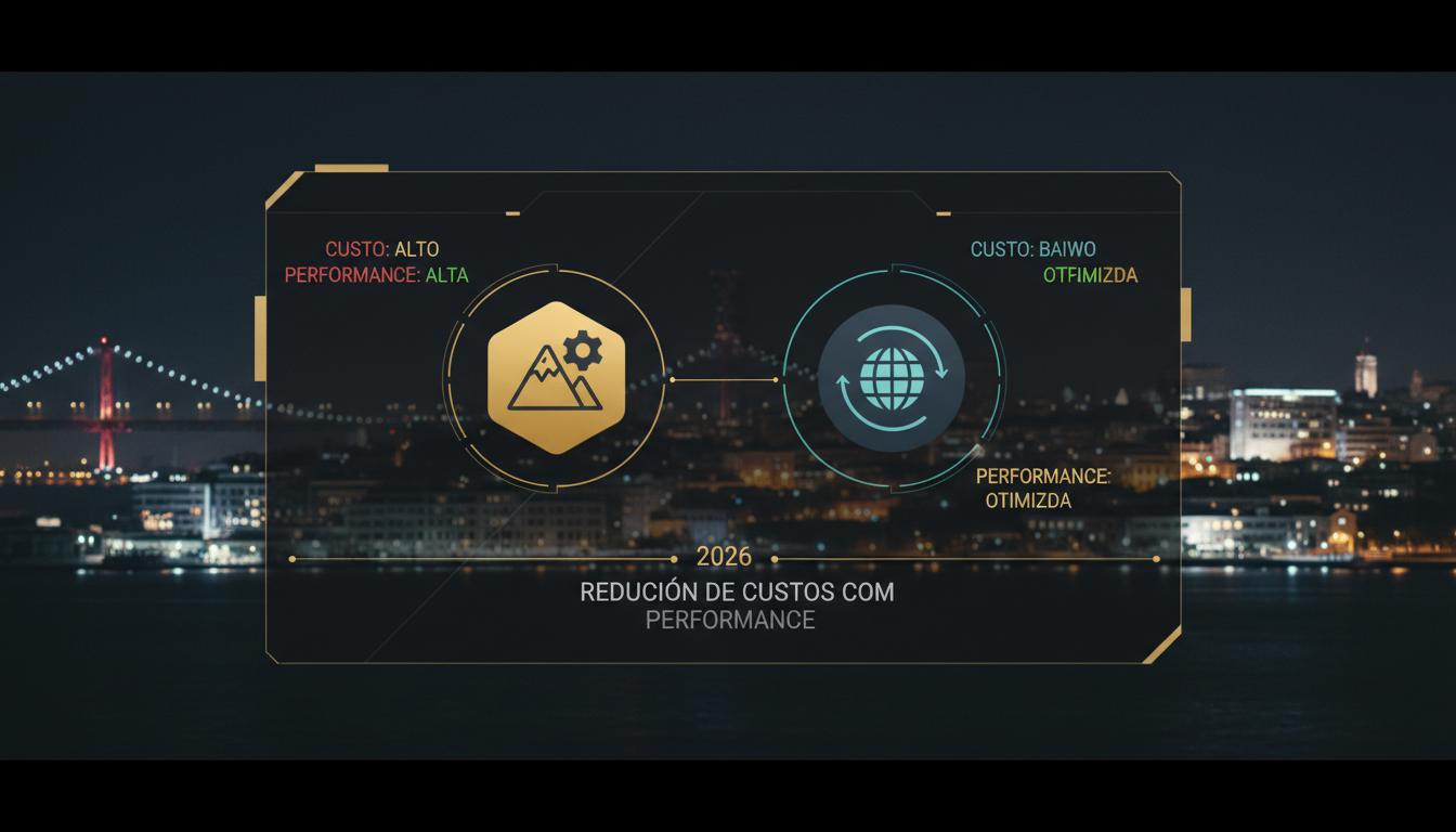 A futuristic digital interface showing a comparison between two different app icons (one native, one web/PWA) with cost and performance metrics, set against a backdrop of a modern Portuguese city skyline (e.g., Braga or Lisbon). The image should convey efficiency, innovation, and strategic decision-making for businesses.