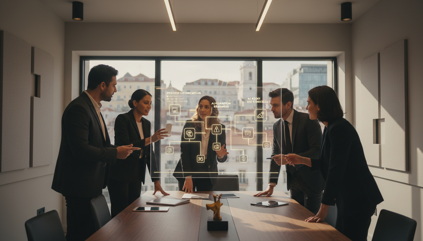 A modern, clean office environment in Portugal, with a diverse team collaborating around a digital dashboard displaying AI-driven process optimization. Focus on human interaction with technology, not technology replacing humans. Bright, optimistic lighting.