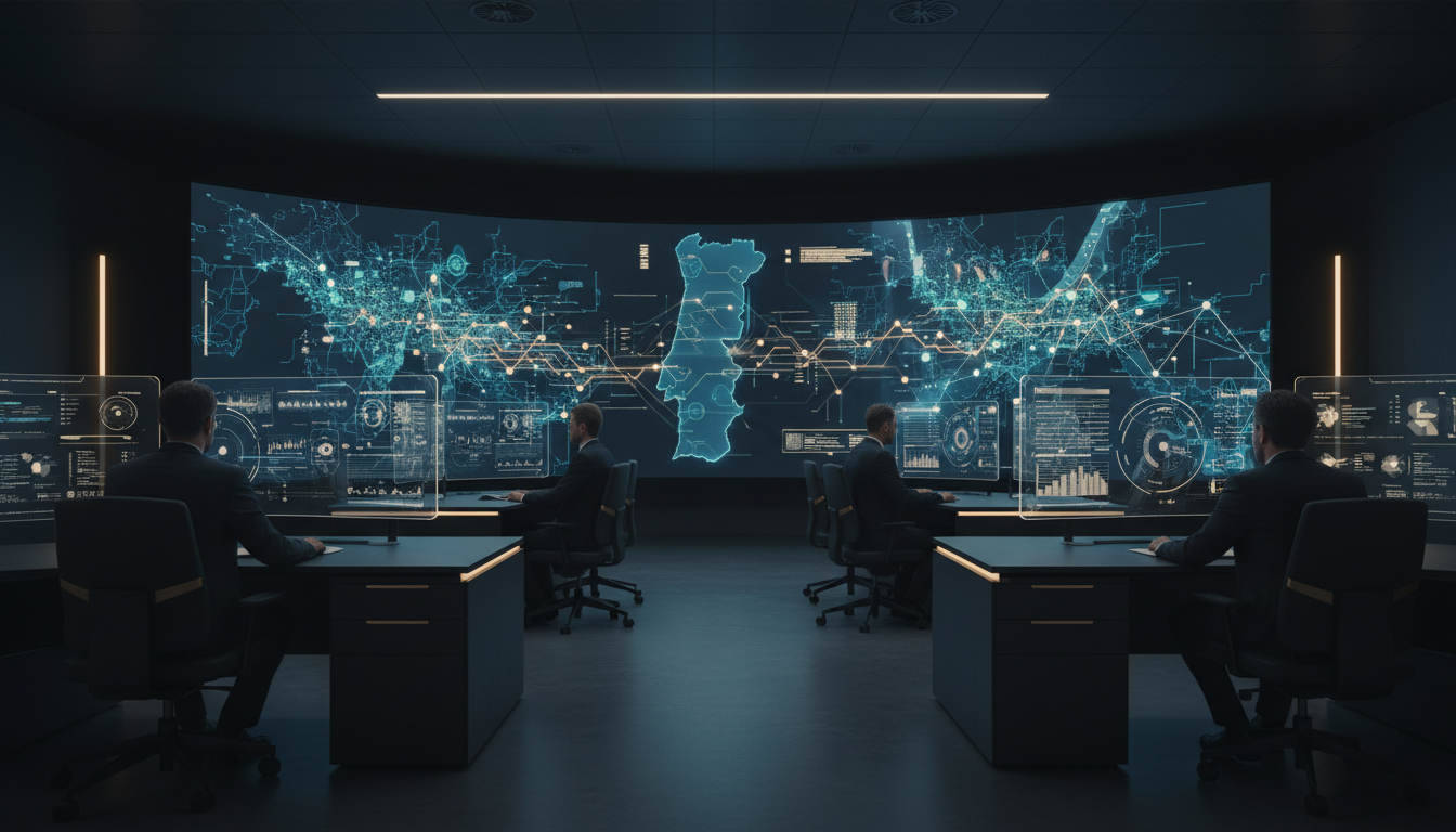 A high-tech command center in Portugal, minimalist and professional, showing digital security maps of Portugal on large screens, integrated with AI neural network overlays, 8k resolution, cinematic lighting, corporate style.