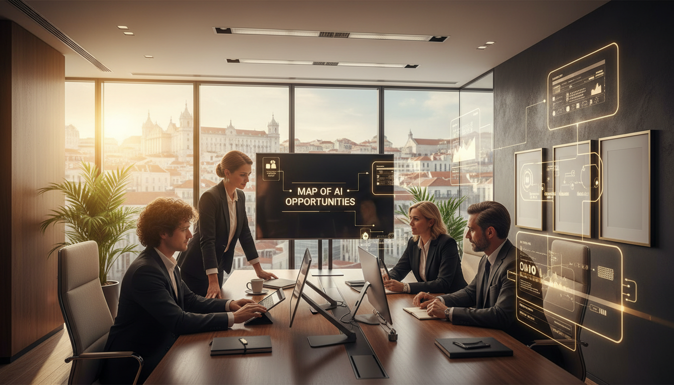 A modern, bright Portuguese office in Porto or Lisbon, showing a diverse team of professionals collaborating naturally with subtle, clean digital interface overlays representing AI assistants, warm lighting, professional corporate atmosphere, photorealistic, 8k