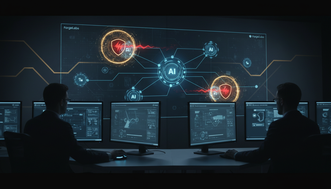 A modern, high-tech security operations center interface displaying network nodes and automated AI defense shields protecting a network, clean corporate style, blue and dark grey tones, professional Portuguese business environment vibe.