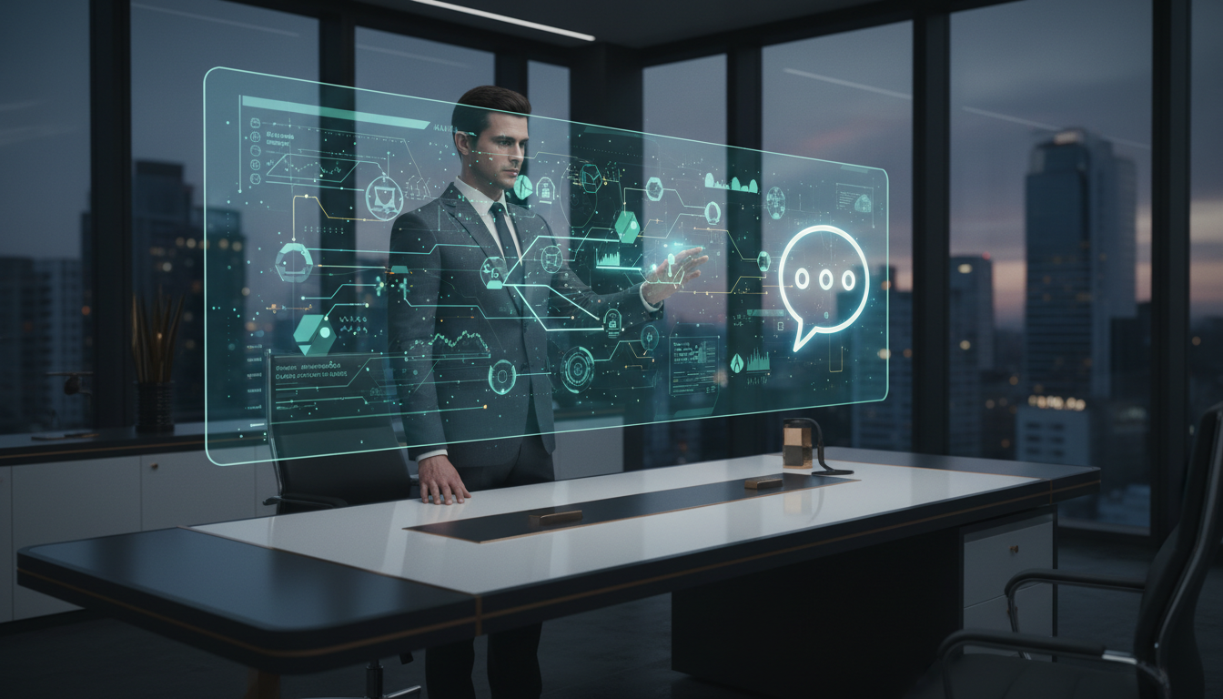 A futuristic, clean office environment with a human professional interacting with a holographic interface showing complex data flows and automated tasks, symbolizing AI agents. On the other side, a simple chat bubble icon representing chatbots. The overall aesthetic should be modern, professional, and slightly abstract, emphasizing the contrast between simple interaction and complex execution. Use a color palette of blues, greens, and whites.