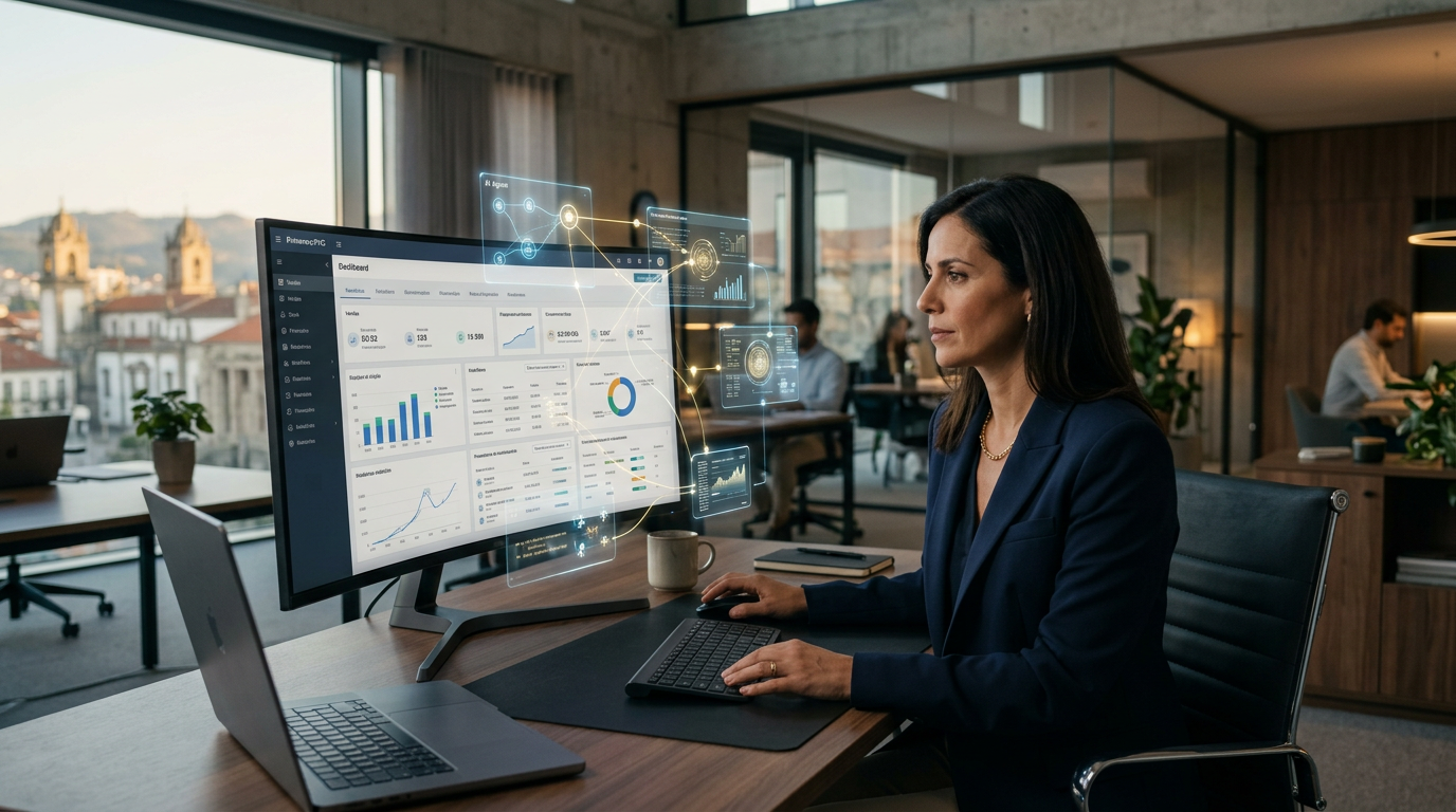 A high-tech office in Braga, Portugal, showing a professional dashboard of a modern ERP system (Primavera/PHC style) with translucent AI agent overlays performing data analysis and automated tasks, professional lighting, 4k.