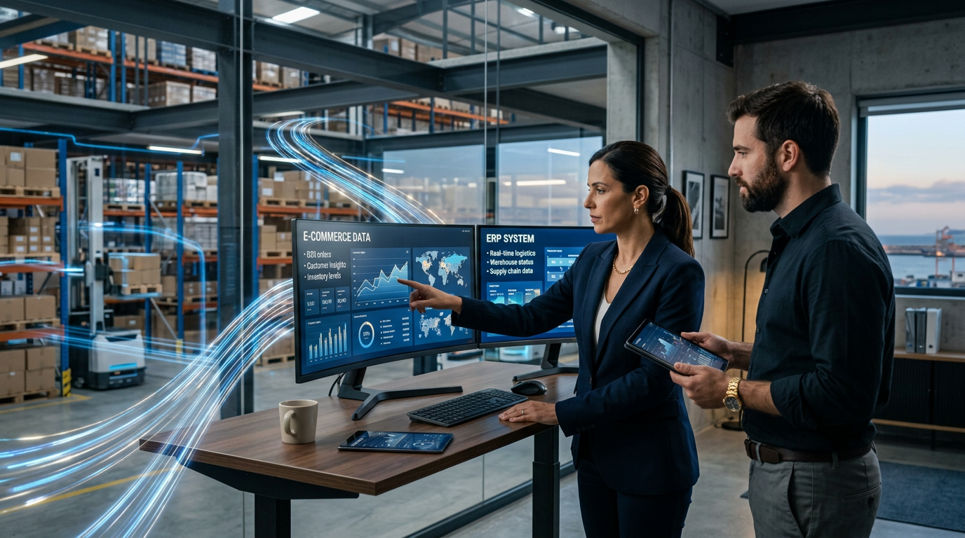 A futuristic, high-tech warehouse office in Portugal with digital data streams connecting an ERP system to an AI-driven e-commerce interface, professional and corporate style, blue and silver tones, 8k resolution.
