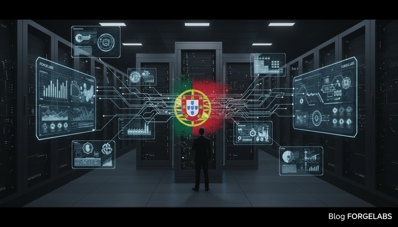 A futuristic, secure data center with Portuguese flag elements, symbolizing data sovereignty and control. Digital lines connecting to various business operations, with a focus on security and innovation. Clean, professional aesthetic.