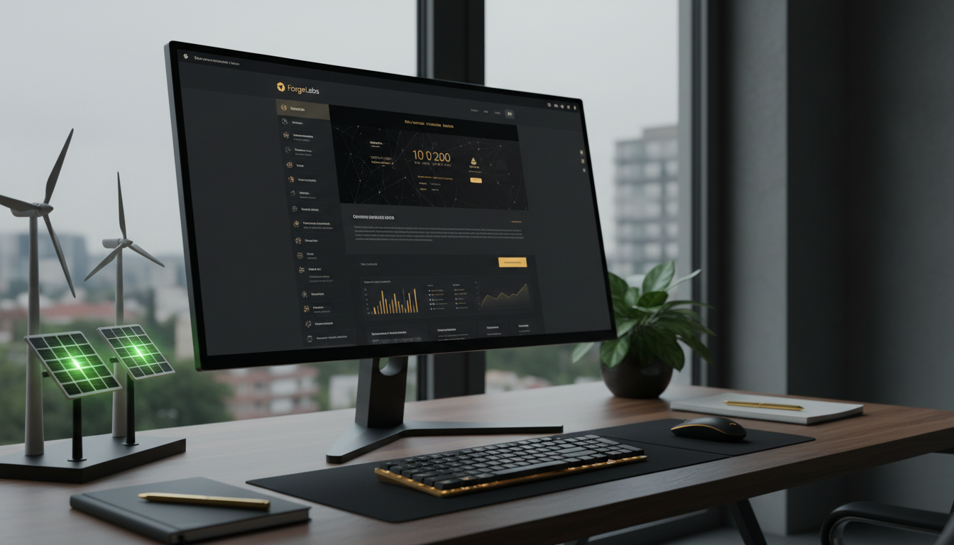 A modern, clean website interface with green energy elements like wind turbines or solar panels subtly integrated into the background, symbolizing digital sustainability and efficiency. Focus on a professional, business-oriented aesthetic.