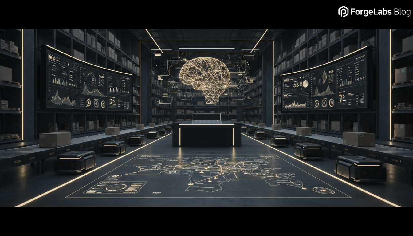 An autonomous AI agent managing a complex logistics warehouse, with robots moving packages, real-time data dashboards, and a map showing optimized delivery routes across Portugal. The scene should convey efficiency, modernity, and seamless integration.
