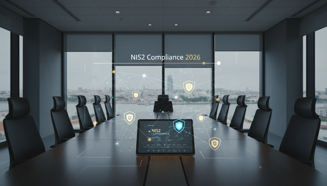 A professional corporate boardroom in Lisbon, with a digital overlay of cybersecurity network nodes, shield icons, and a clean timeline graphic showing 'NIS2 Compliance 2026', photorealistic, modern business style.