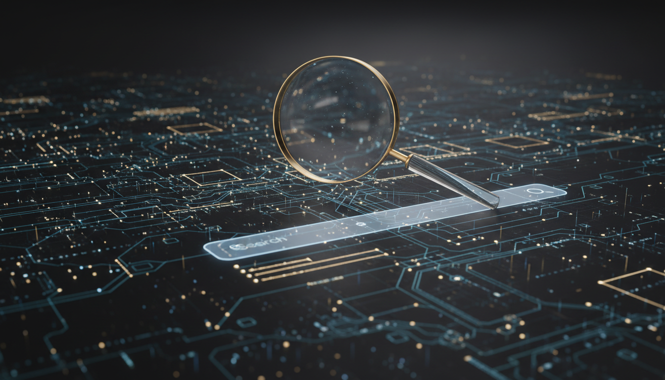 A futuristic digital landscape showing a magnifying glass over a complex network of AI algorithms and data, with a subtle representation of Google's search interface, reflecting the July 2026 update. The scene should convey innovation, complexity, and adaptation, with a focus on data flow and AI processing.