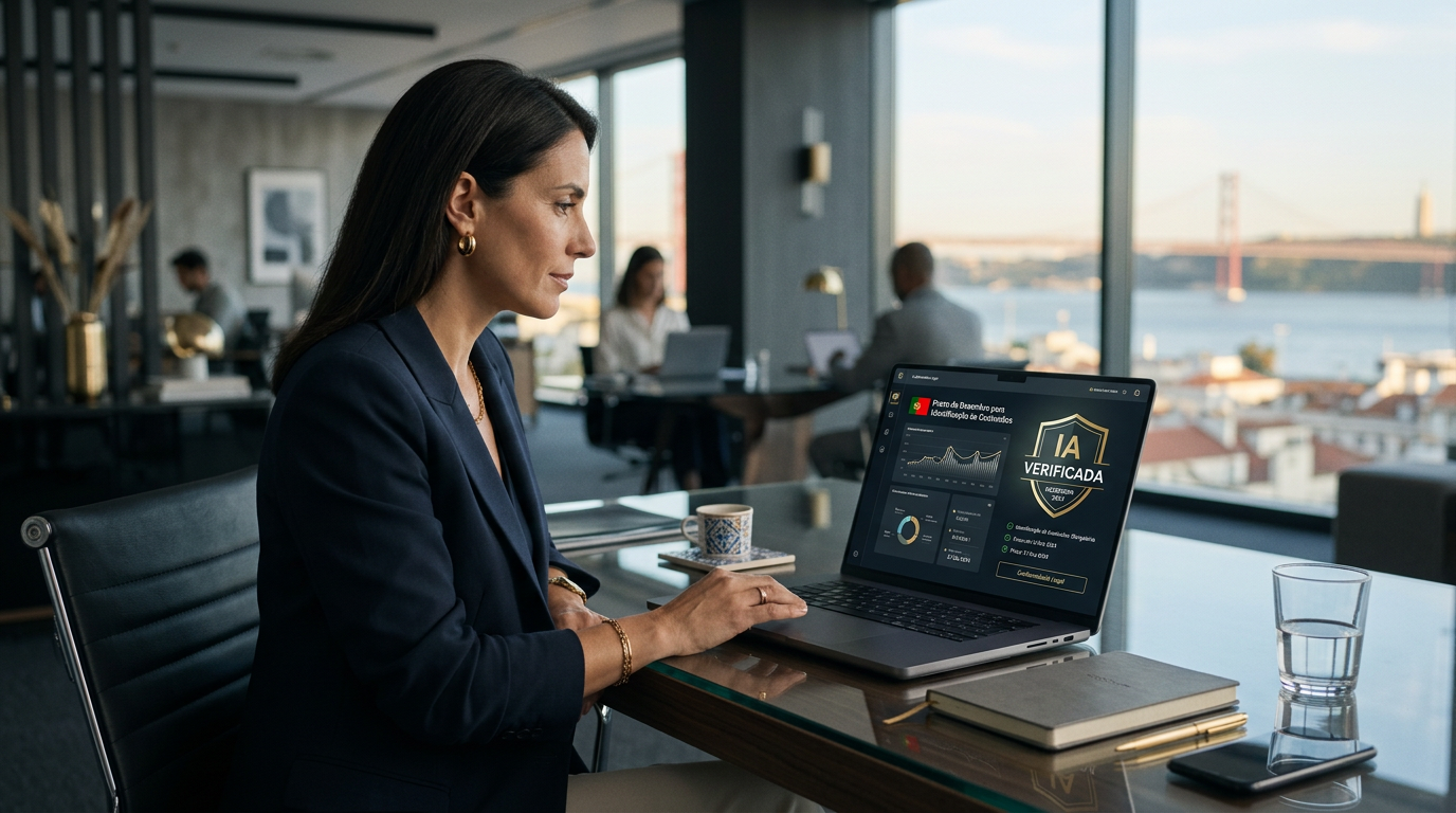 A professional digital workspace in Portugal, showing a high-tech interface with a 'Verified AI' watermark symbol, clean minimalist design, blue and silver tones, representing legal compliance and technology.