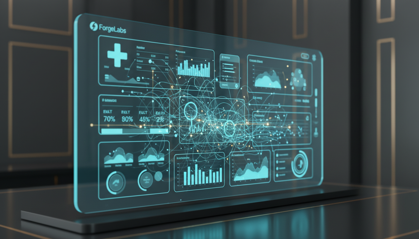 A modern, secure digital healthcare dashboard showing medical data visualization, abstract network connections representing HL7 FHIR interoperability, clean interface, professional blue and teal lighting, high-tech medical environment, 3d render style