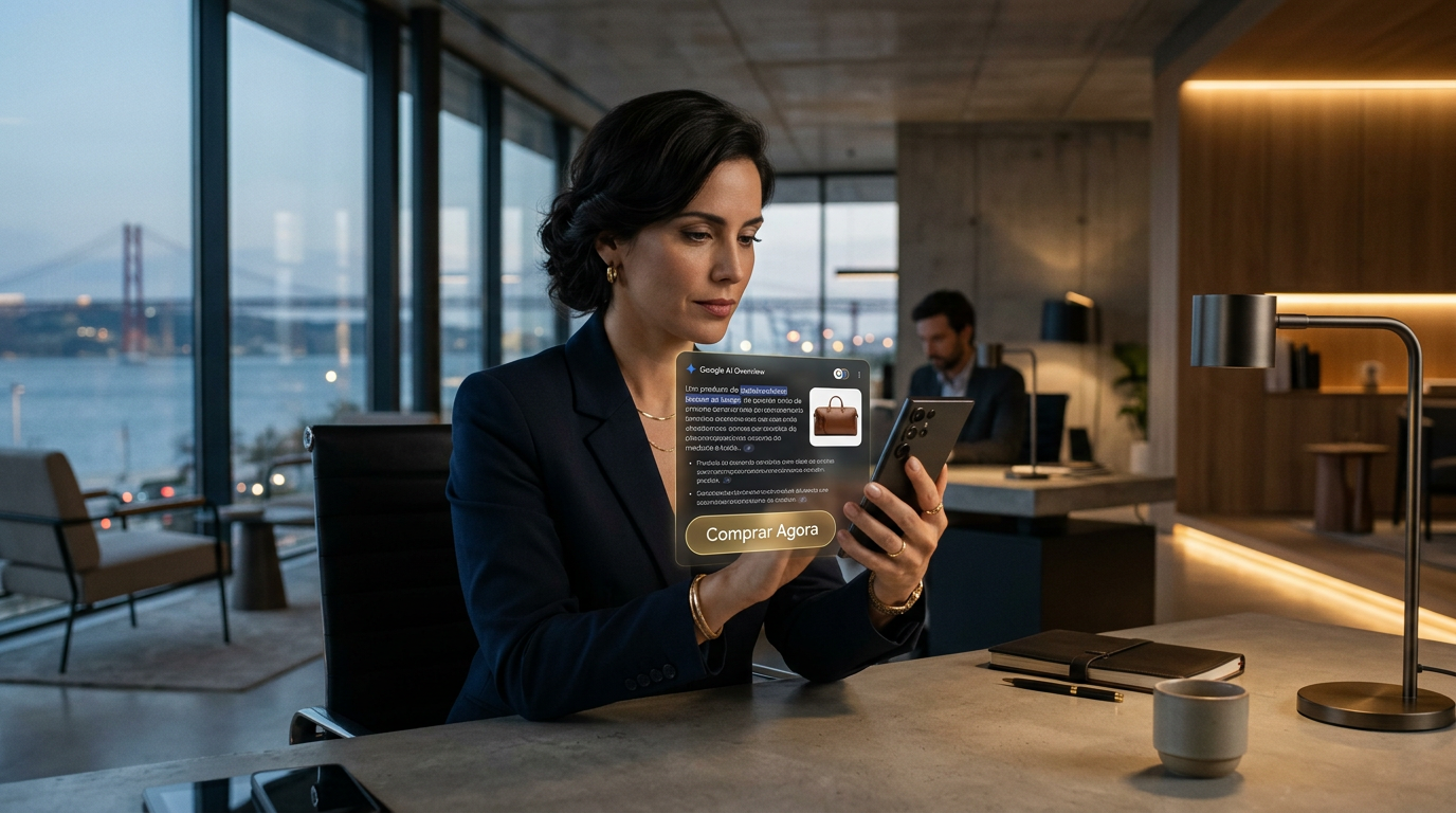 A futuristic digital interface showing a Google AI Overview search result on a smartphone, with a prominent 'Buy Now' button for a luxury product, high-tech Portuguese office environment in the background, professional and clean aesthetic, 8k resolution.