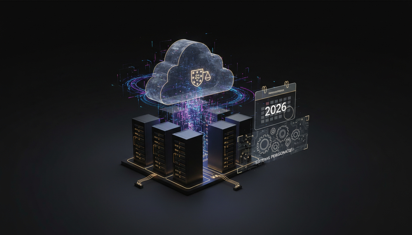 A modern, secure cloud infrastructure with data flowing, overlaid with Portuguese tax authority symbols and a calendar showing 2026, representing compliance and digital transformation for a Portuguese SME.
