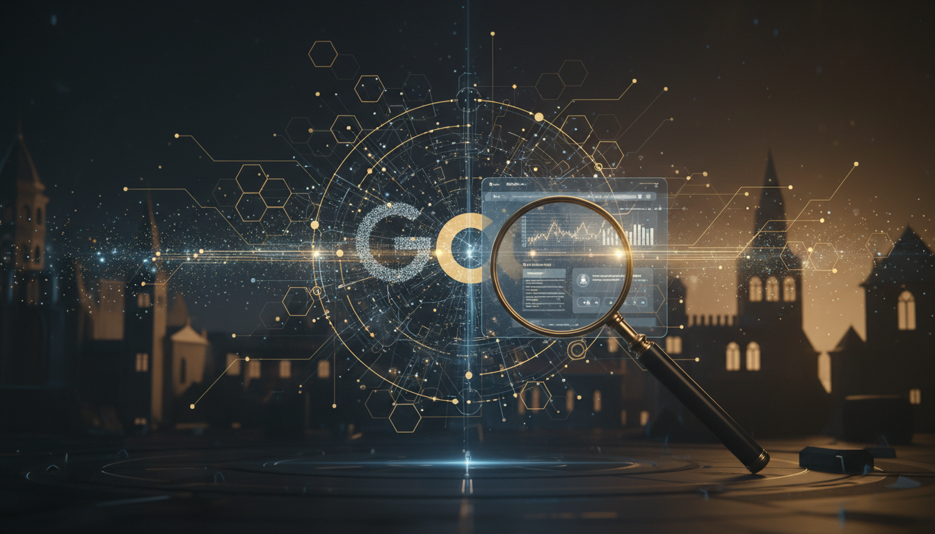 A futuristic digital landscape with Google's logo subtly integrated, representing an algorithm update. Elements of artificial intelligence, data flow, and a magnifying glass over a website, symbolizing SEO and user experience. The scene should convey both challenge and opportunity, with a slight Portuguese architectural hint in the background.