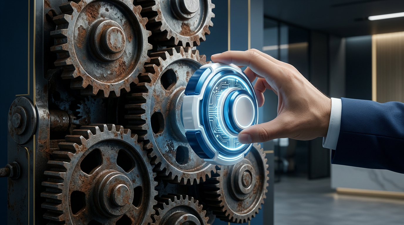 A professional digital illustration showing a complex, rusty gear system being replaced by clean, glowing modular digital components, symbolizing the transition from legacy software to modern systems, professional corporate style, blue and white tones.