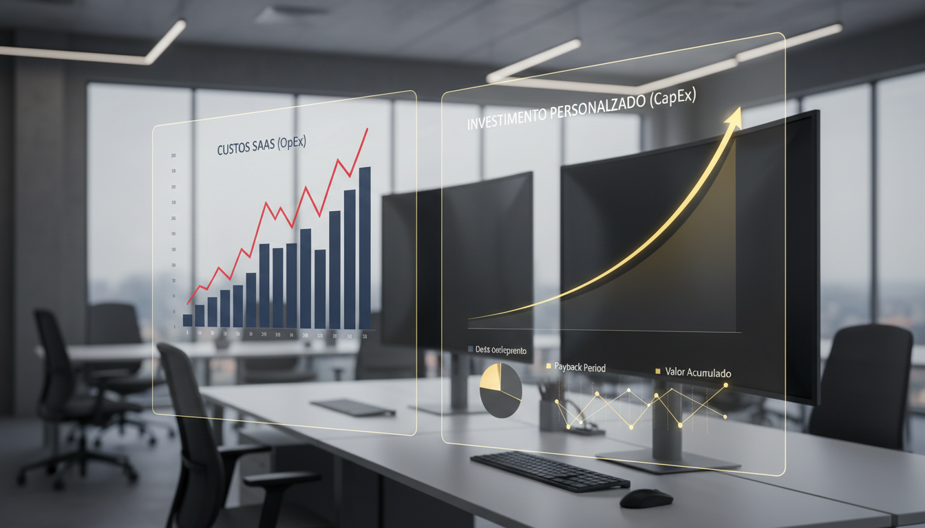 A professional financial dashboard comparing SaaS subscription costs (OpEx) with custom software development investment (CapEx). The visual should feature clear charts, a modern Portuguese corporate office setting in the background, and clean, high-tech UI elements showing ROI metrics and financial growth curves.